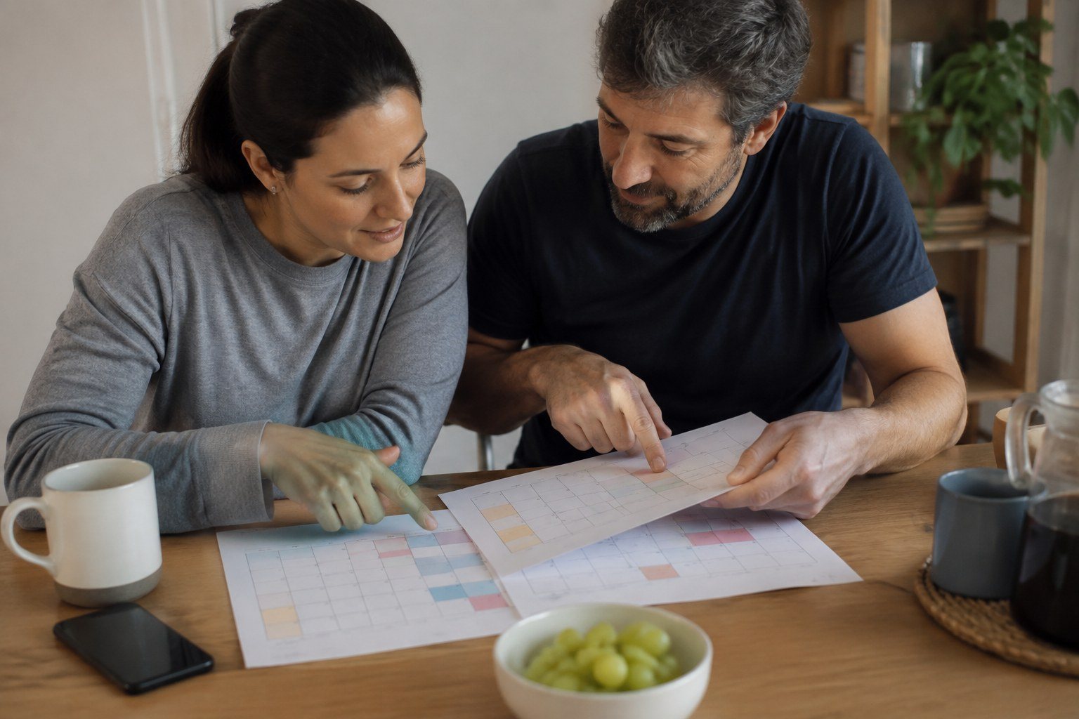 Dos personas comparan calendarios para negociar tiempos comunes